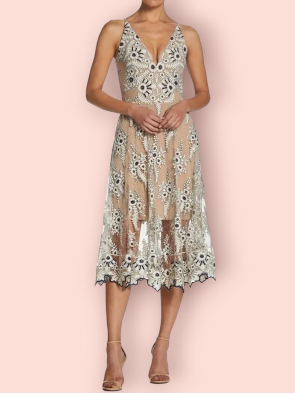 DRESS THE POPULATION Audrey Embroidered Mesh Floral Midi Dress